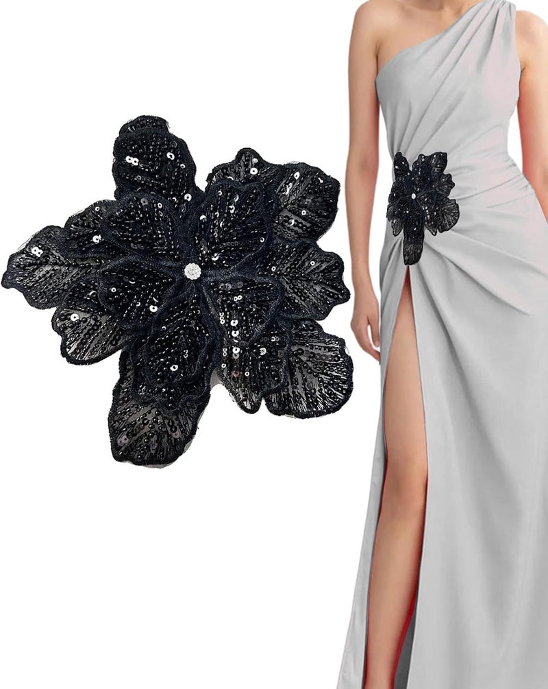 SAIXCCS 1pc Handmade Large Flower Rhinestone Applique for Clothes, Sparkly Sequin Beaded Patches for Wedding Dress, Embroidery Lace Sewing Patches for Bodice Hat Jean Jacket (Black) - Image 1